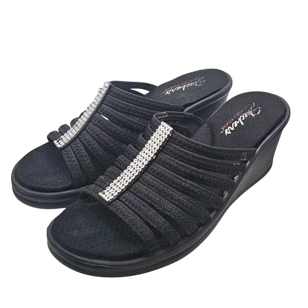 Skechers Cali Memory Foam Rumblers Hotshot Black Wedge Slide w/Rhinestones Sz 9‎
